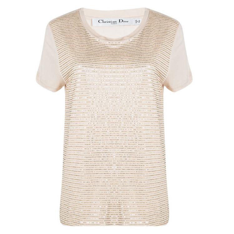 Pre Owned Dior Peach Sequin Embellished T-Shirt M
