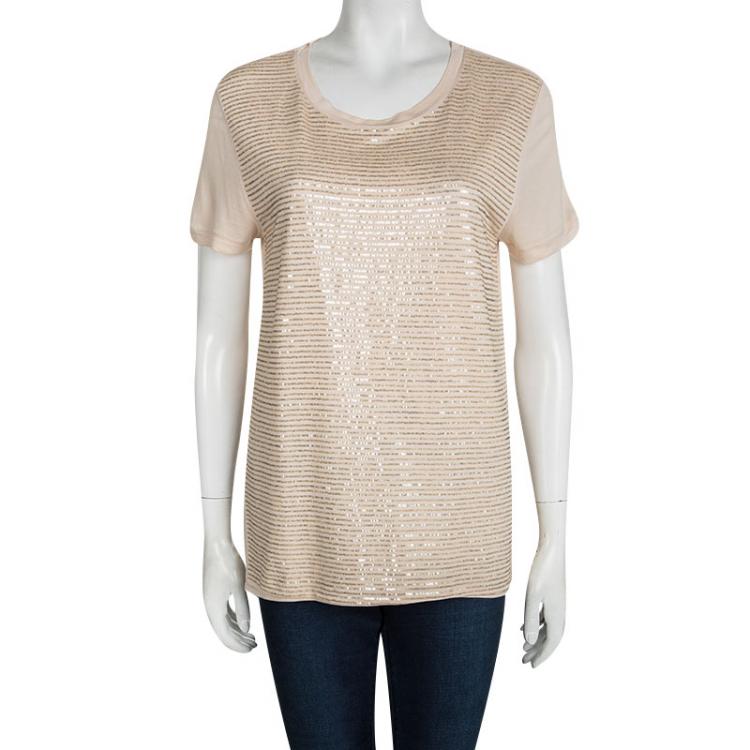 Pre Owned Dior Peach Sequin Embellished T-Shirt M