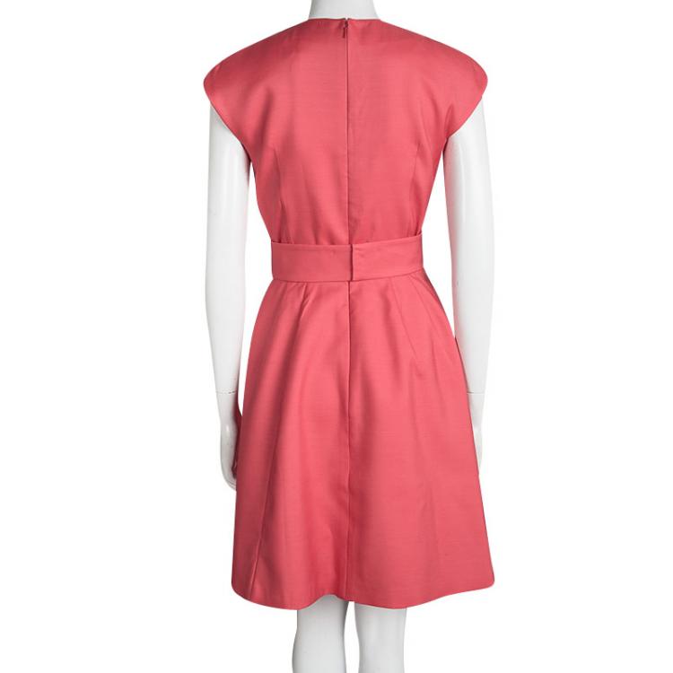 Pre Owned Dior Pink Panel Detail Belted Cap Sleeve Dress M