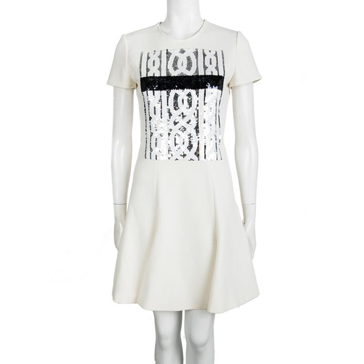 Pre Owned Dior Cream Wool Sequin Embellished Flared Bottom Dress M