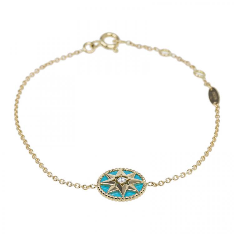 Pre Owned Dior Rose Des Vents Diamond Turquoise Yellow Gold Bracelet