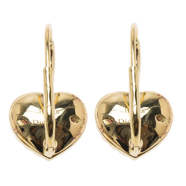Pre Owned Dior Diamond & Iridescent Garnet Yellow Gold Heart Dangle Earrings