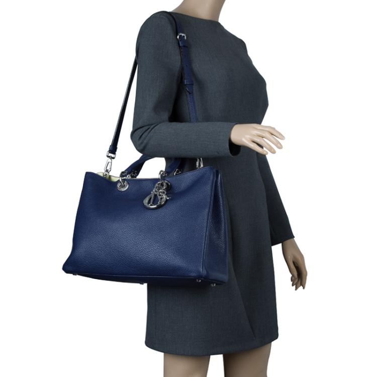 Pre Owned Dior Dark Blue Pebbled Leather Large Diorissimo Shopper Tote