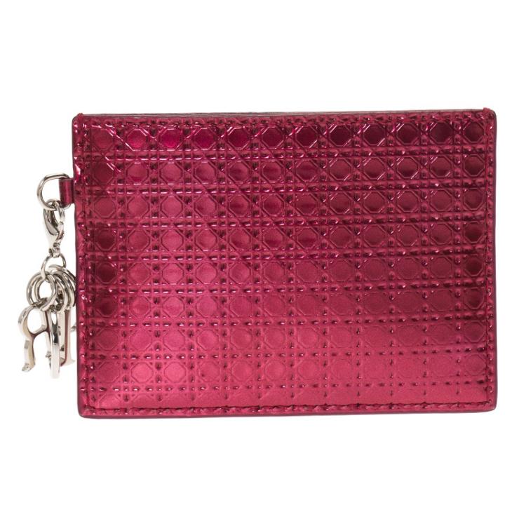 Pre Owned Dior Red Metallic Cannage Leather Lady Dior Card Holder