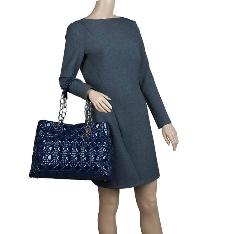Pre Owned Dior Navy Blue Cannage Quilted Soft Patent Leather Large Shopping Tote