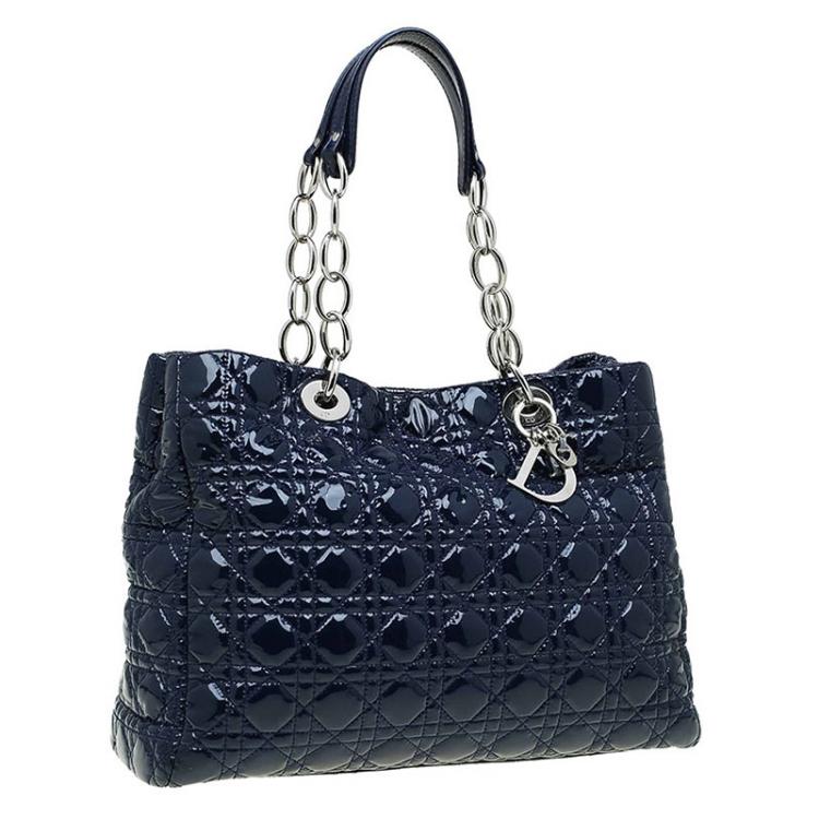 Pre Owned Dior Navy Blue Cannage Quilted Soft Patent Leather Large Shopping Tote