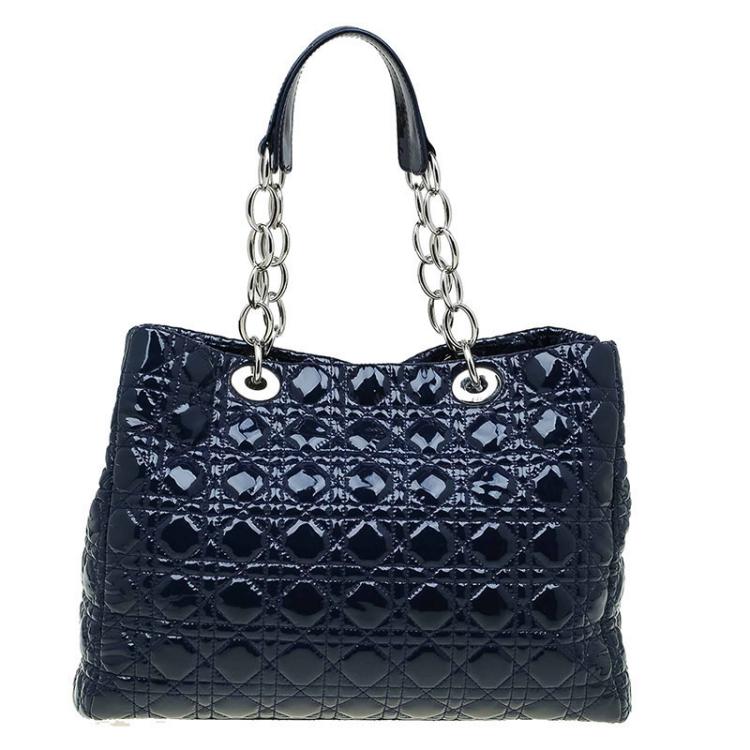 Pre Owned Dior Navy Blue Cannage Quilted Soft Patent Leather Large Shopping Tote