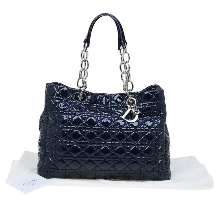 Pre Owned Dior Navy Blue Cannage Quilted Soft Patent Leather Large Shopping Tote