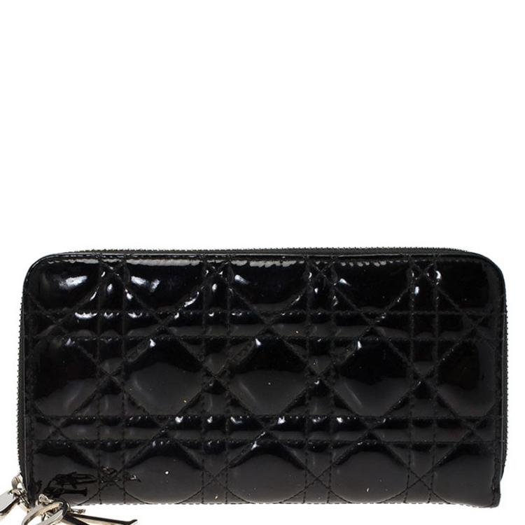 Dior Black Cannage Quilted Patent Leather Zip Around Lady Dior