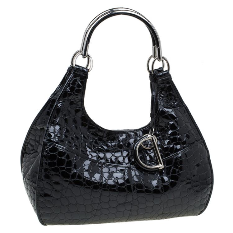 Pre Owned Dior Black Croc Embossed Patent Leather 61 Tote
