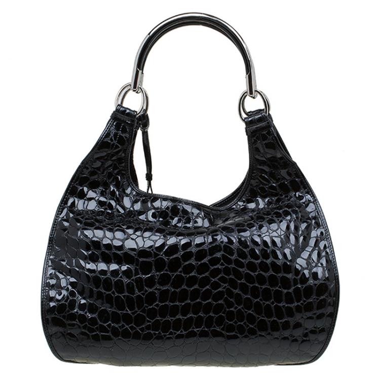 Pre Owned Dior Black Croc Embossed Patent Leather 61 Tote