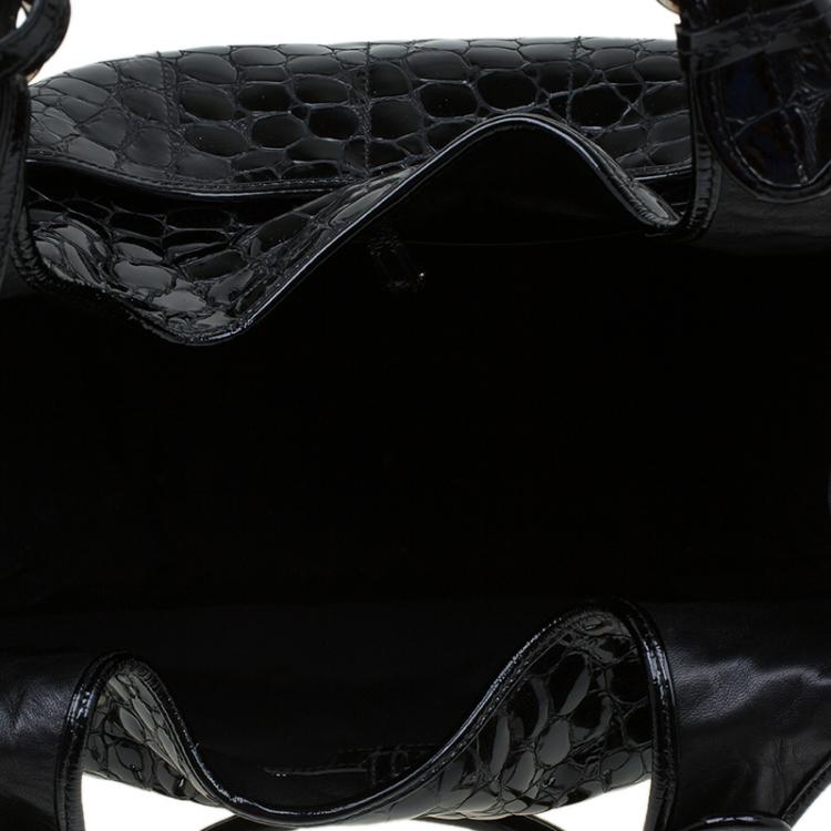 Pre Owned Dior Black Croc Embossed Patent Leather 61 Tote