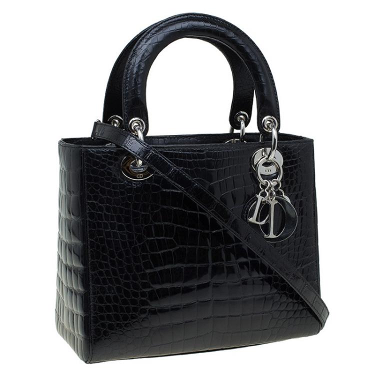 Pre Owned Dior Black Alligator Leather Medium Limited Edition Lady Dior Tote