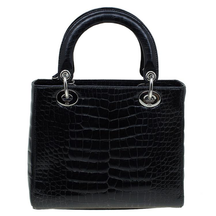 Pre Owned Dior Black Alligator Leather Medium Limited Edition Lady Dior Tote
