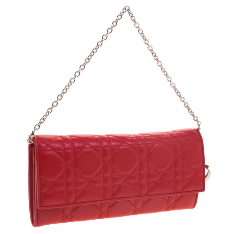 Pre Owned Dior Red Cannage Leather Wallet on Chain