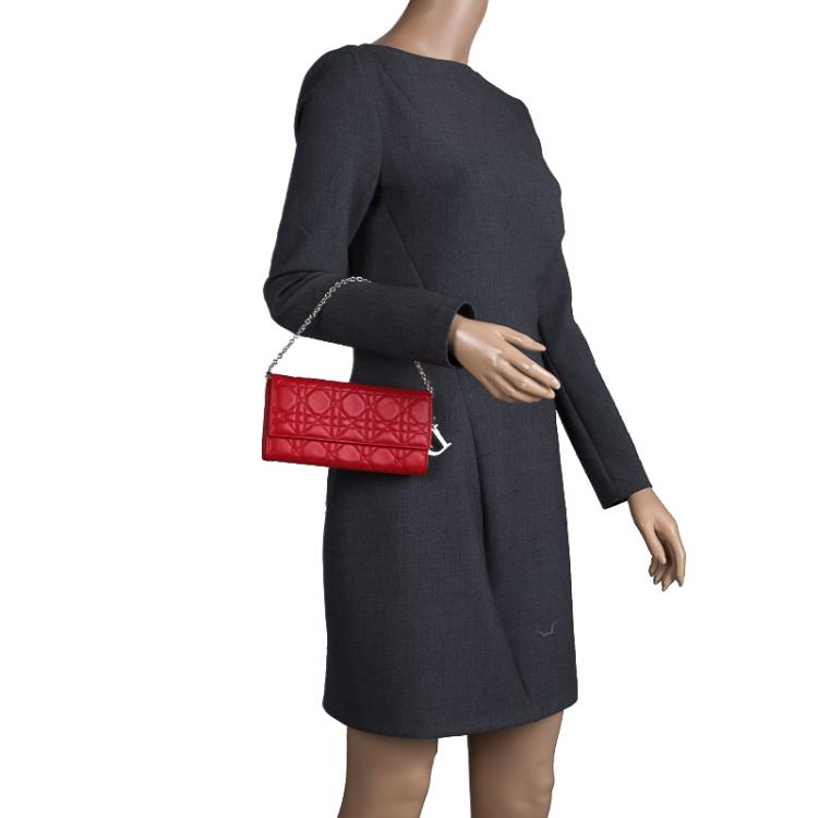 Pre Owned Dior Red Cannage Leather Wallet on Chain