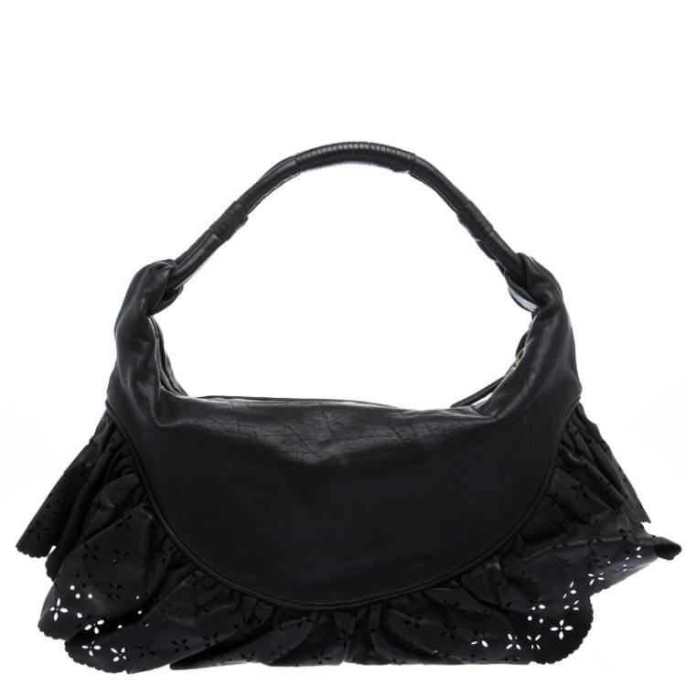 Pre Owned Dior Black Leather Small Gypsy Ruffle Hobo