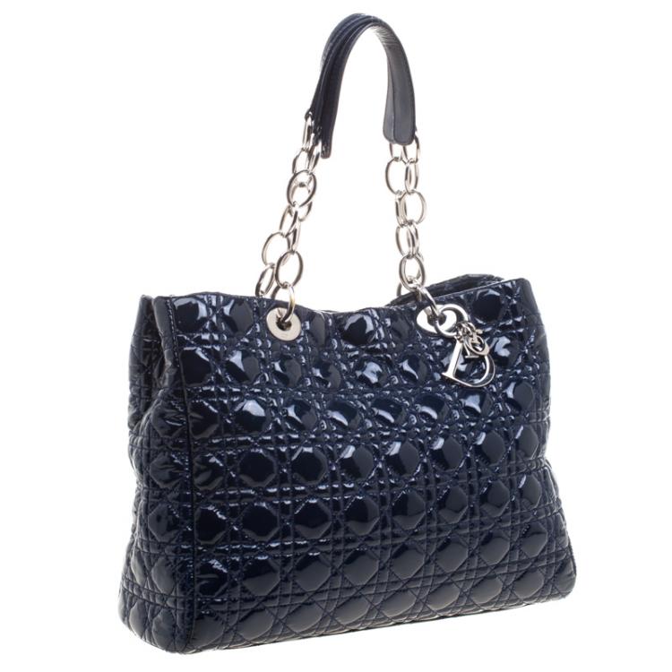 Pre Owned Dior Navy Blue Cannage Quilted Soft Patent Leather Large Shopping Tote