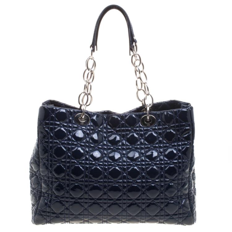 Pre Owned Dior Navy Blue Cannage Quilted Soft Patent Leather Large Shopping Tote