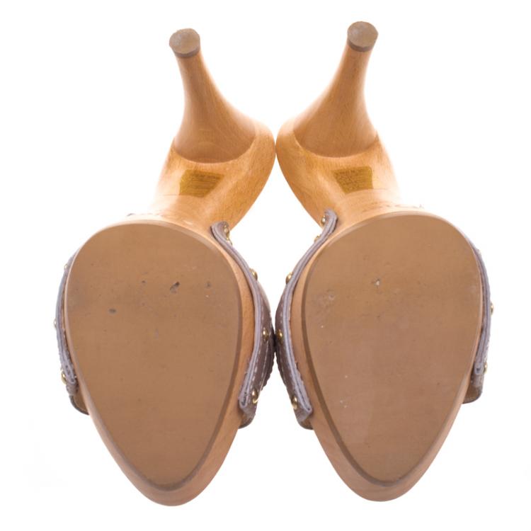 Pre Owned Dior Taupe Leather Lock Detail Wooden Slides Size 38.5