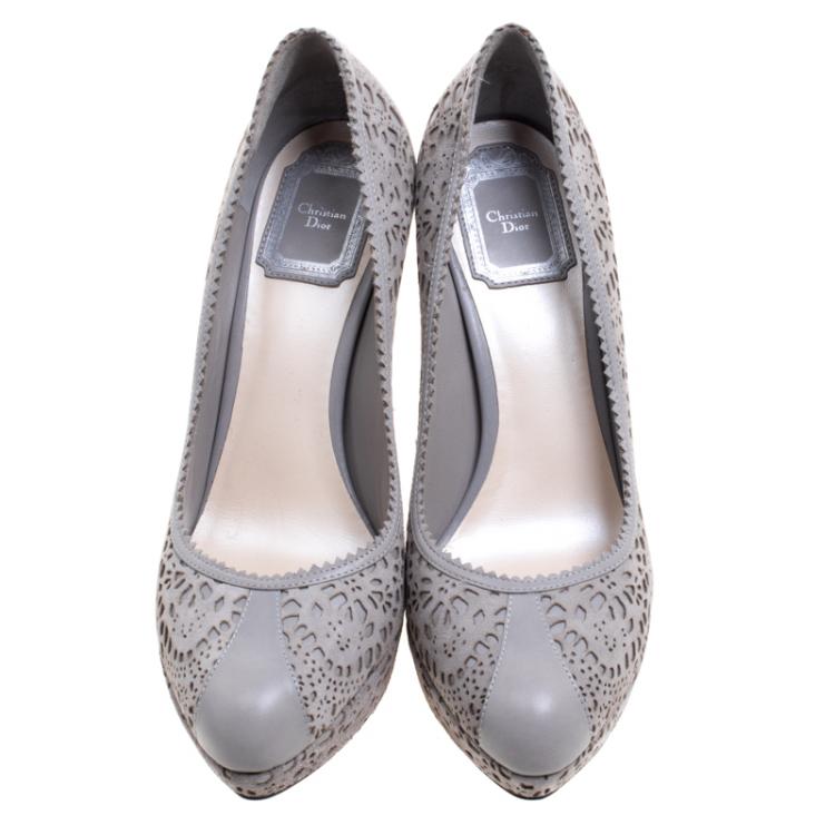 Pre Owned Dior Grey Laser Cut Suede and Leather Pumps Size 39