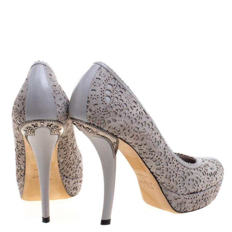 Pre Owned Dior Grey Laser Cut Suede and Leather Pumps Size 39