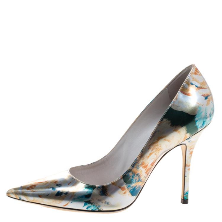 Pre Owned Dior Floral Printed Metallic Leather Cherie Pointed Toe Pumps Size 38