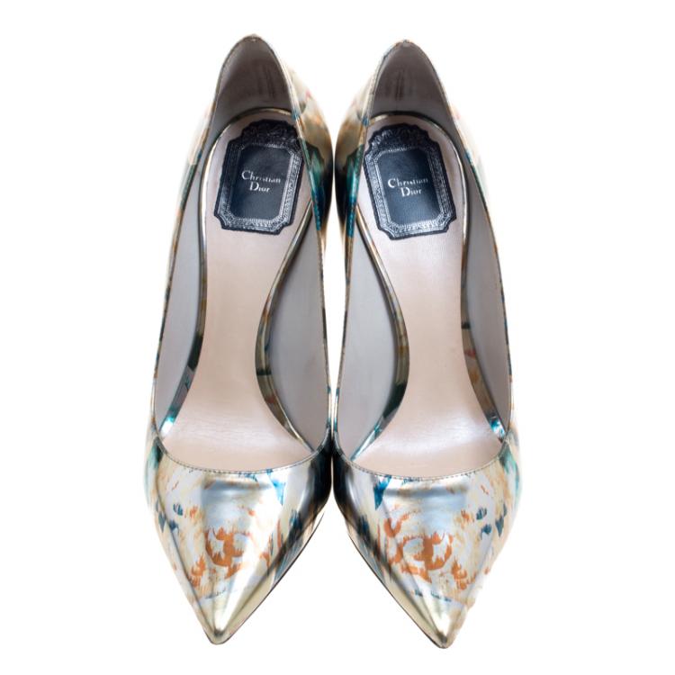 Pre Owned Dior Floral Printed Metallic Leather Cherie Pointed Toe Pumps Size 38