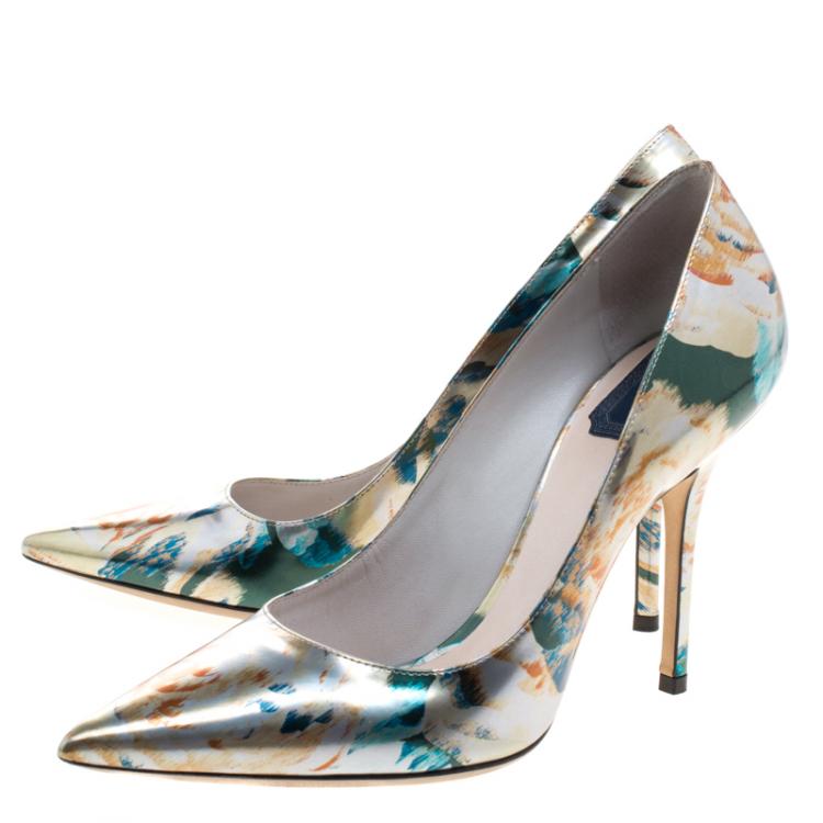 Pre Owned Dior Floral Printed Metallic Leather Cherie Pointed Toe Pumps Size 38