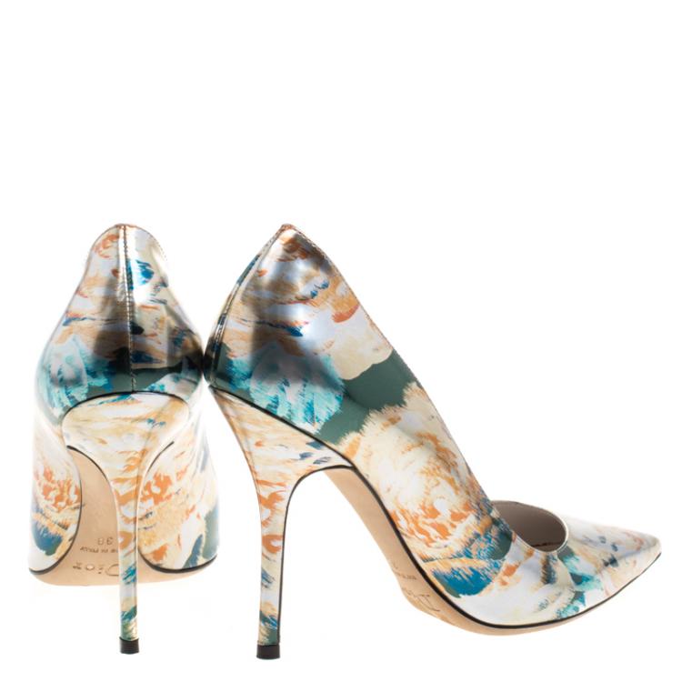 Pre Owned Dior Floral Printed Metallic Leather Cherie Pointed Toe Pumps Size 38