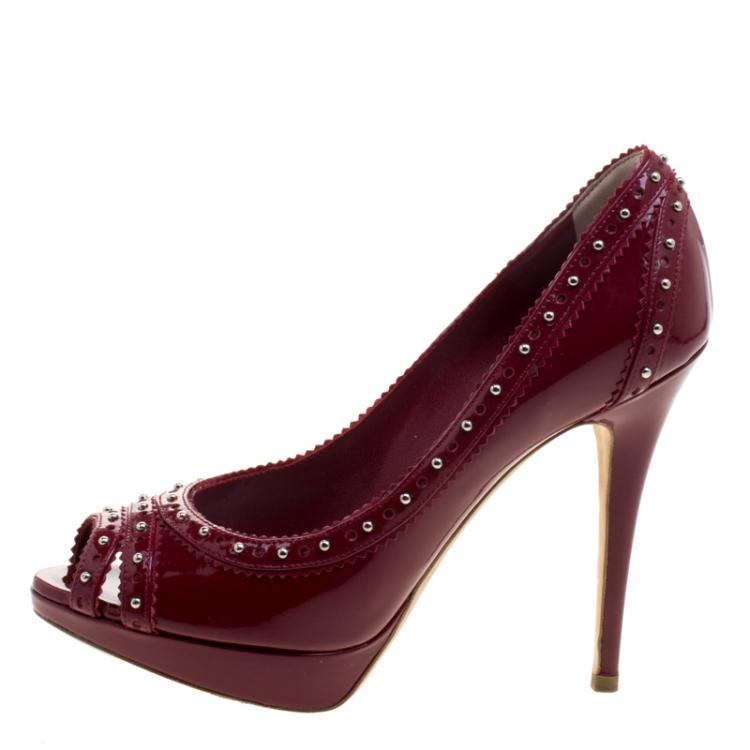 Pre Owned Dior Cherry Red Studded Patent Leather Bonnie Peep Toe Platform Pumps Size 38.5