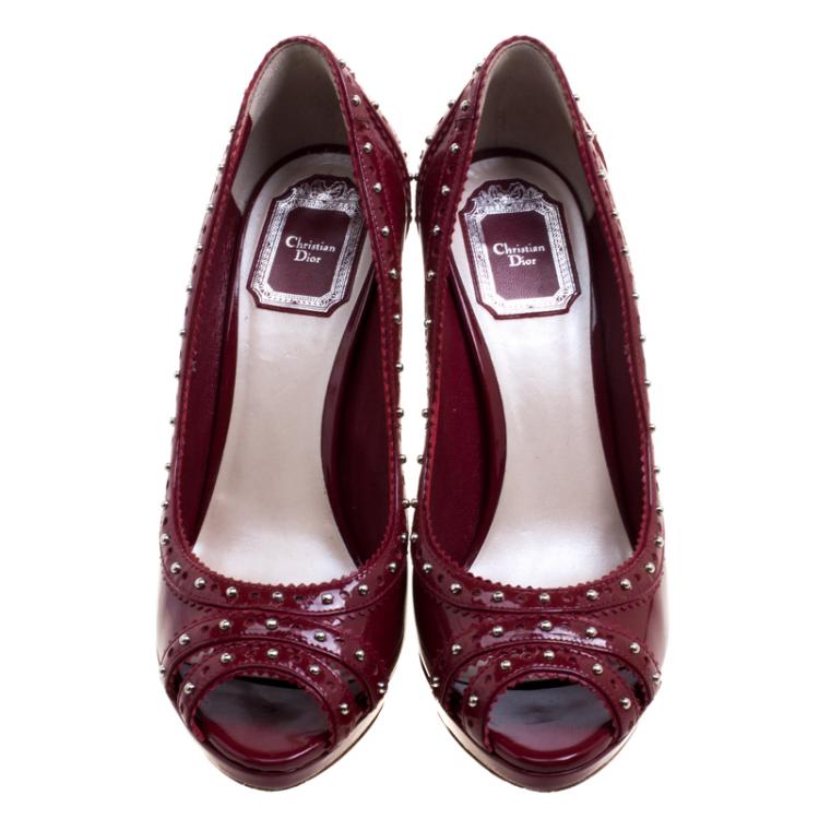 Pre Owned Dior Cherry Red Studded Patent Leather Bonnie Peep Toe Platform Pumps Size 38.5