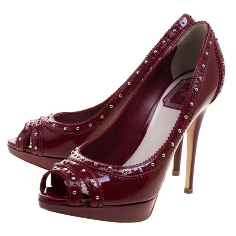 Pre Owned Dior Cherry Red Studded Patent Leather Bonnie Peep Toe Platform Pumps Size 38.5