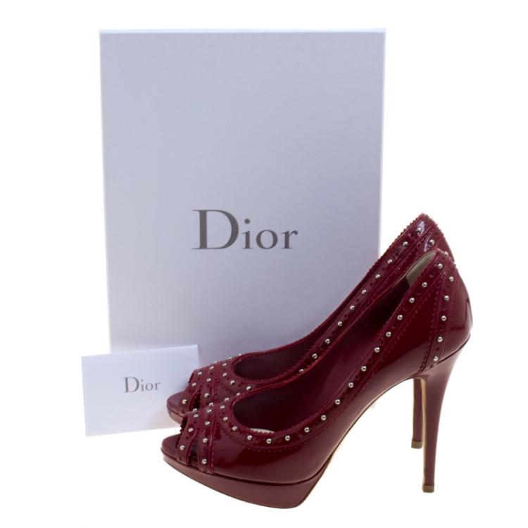 Pre Owned Dior Cherry Red Studded Patent Leather Bonnie Peep Toe Platform Pumps Size 38.5