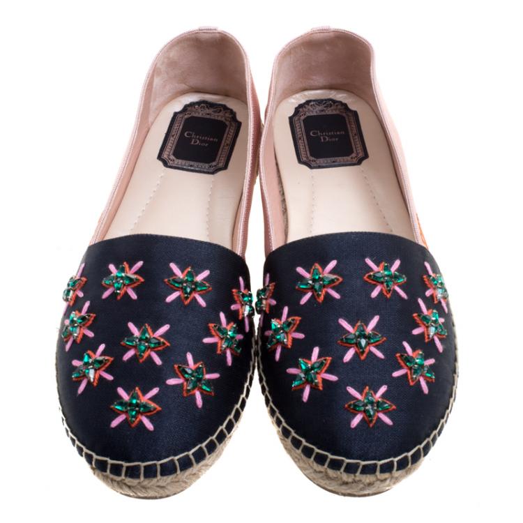 Pre Owned Dior Two Tone Crystal Embellished Fabric Riviera Espadrilles Size 38