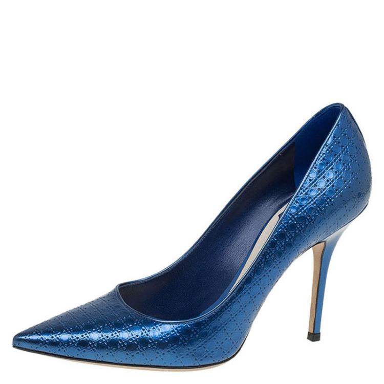 Pre Owned Dior Metallic Blue Leather Cherie Cannage Pointed Toe Pumps Size 39