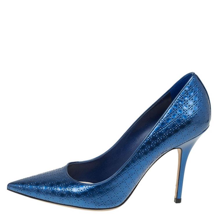 Pre Owned Dior Metallic Blue Leather Cherie Cannage Pointed Toe Pumps Size 39
