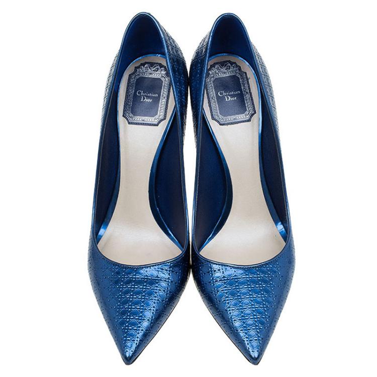 Pre Owned Dior Metallic Blue Leather Cherie Cannage Pointed Toe Pumps Size 39