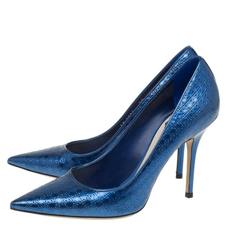 Pre Owned Dior Metallic Blue Leather Cherie Cannage Pointed Toe Pumps Size 39