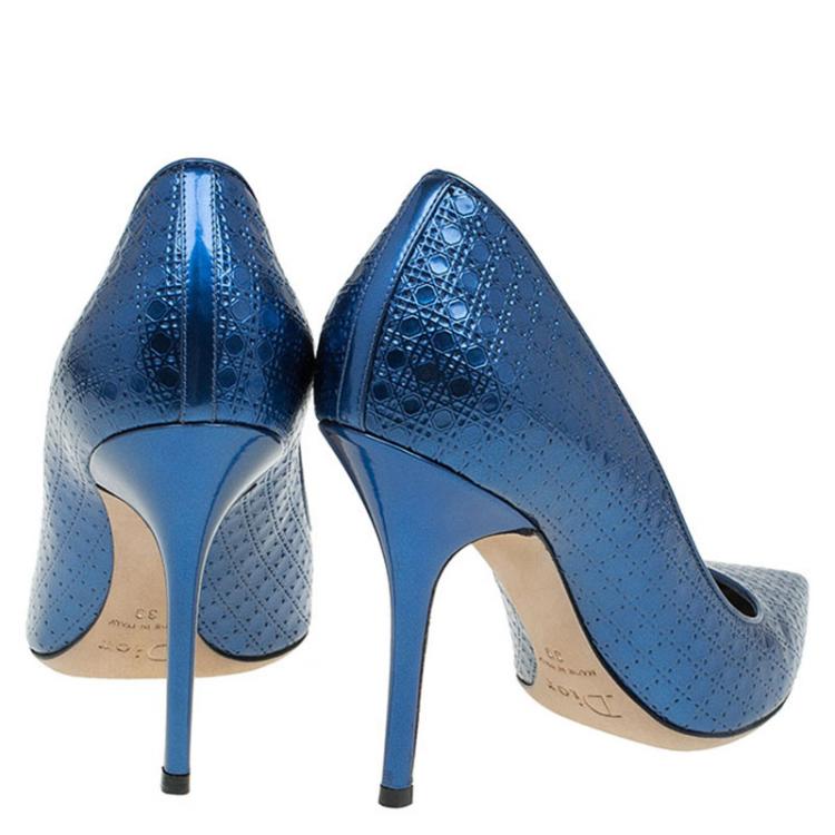 Pre Owned Dior Metallic Blue Leather Cherie Cannage Pointed Toe Pumps Size 39