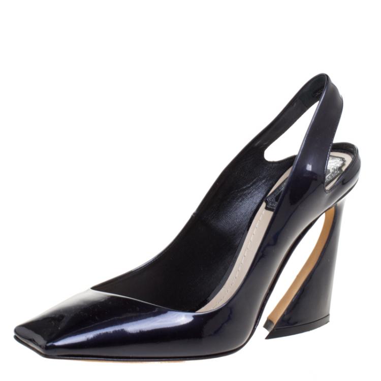 Pre Owned Dior Blue Patent Leather Square Toe Slingback Sandals Size 36