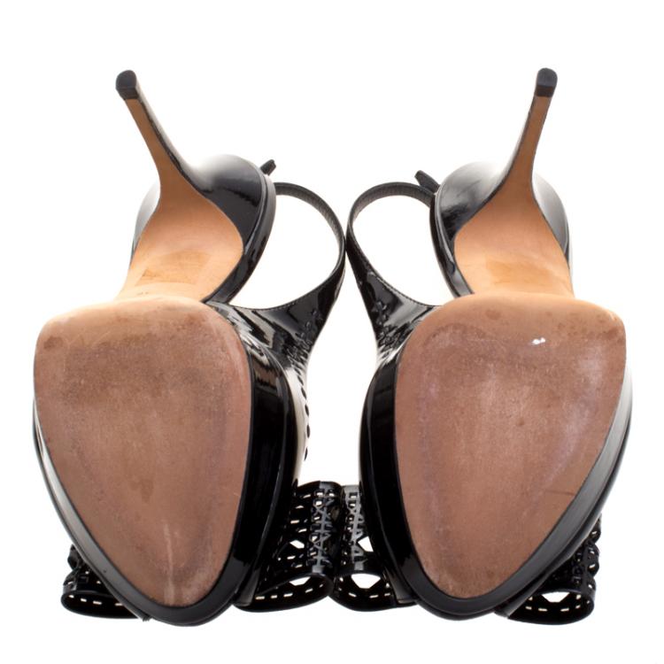 Pre Owned Dior Black Patent Cannage Bow Detail 'Butterfly' Slingback Sandals Size 38