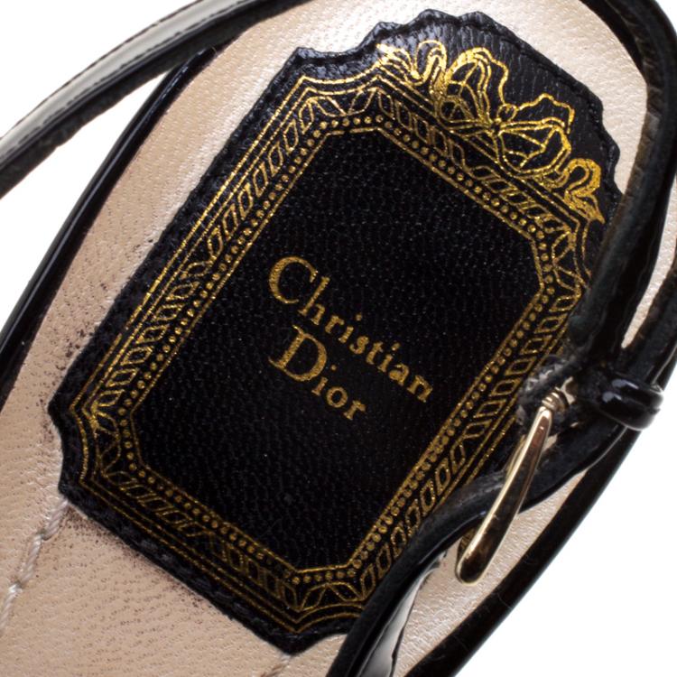 Pre Owned Dior Black Patent Cannage Bow Detail 'Butterfly' Slingback Sandals Size 38