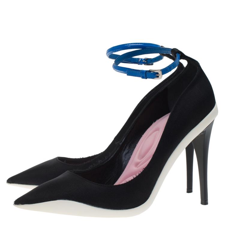 Pre Owned Dior Black Canvas Pointed Toe Ankle Strap Pumps Size 36.5