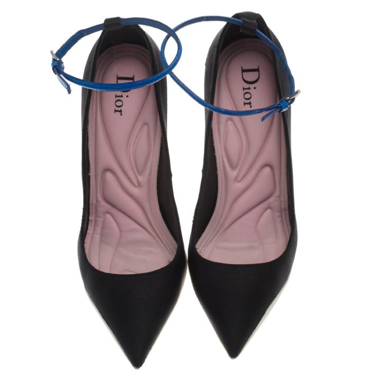 Pre Owned Dior Black Canvas Pointed Toe Ankle Strap Pumps Size 36.5