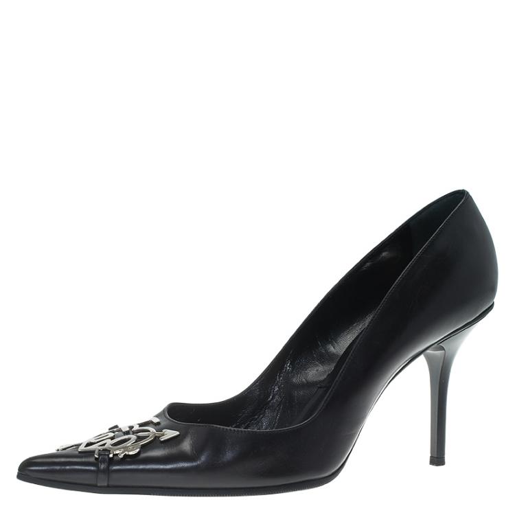 Pre Owned Dior Black Leather Dior Plaque Pointed Toe Pumps Size 38.5