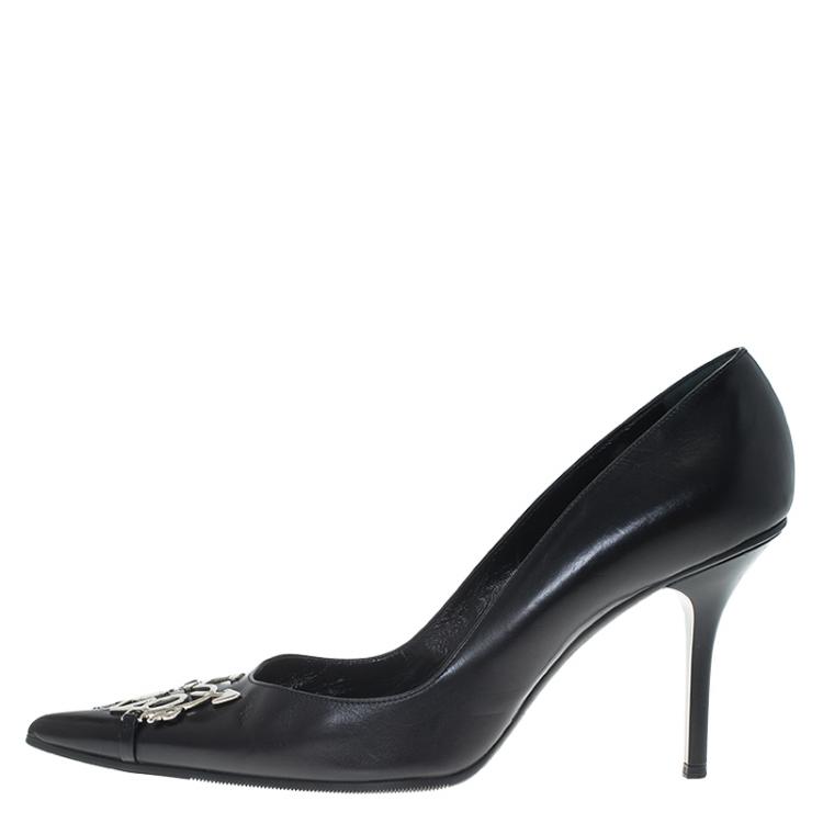 Pre Owned Dior Black Leather Dior Plaque Pointed Toe Pumps Size 38.5