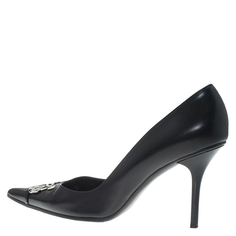 Pre Owned Dior Black Leather Dior Plaque Pointed Toe Pumps Size 38.5