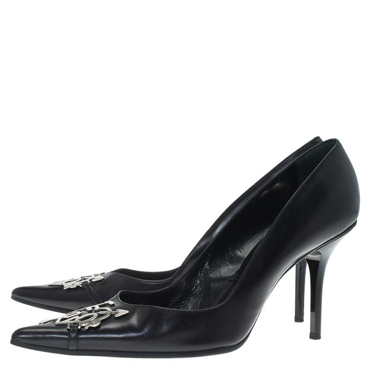 Pre Owned Dior Black Leather Dior Plaque Pointed Toe Pumps Size 38.5