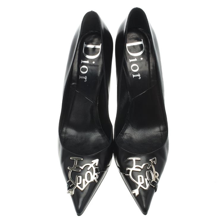Pre Owned Dior Black Leather Dior Plaque Pointed Toe Pumps Size 38.5